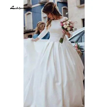 

Simple Cheap Satin White Wedding Dresses 2020 Crew Neck Backless Long Sleeve A Line Country Garden Bridal Gown Pluse Size