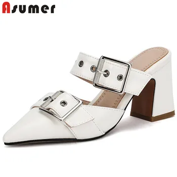 

ASUMER 2020 new arrive sandals women shoes pu pointed toe buckle 8cm square high heel sandals ladies summer shoes big size 43