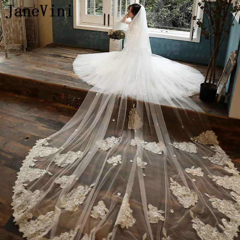 

JaneVini Vintage Lace Two Layers White Bridal Veil with Comb Big Appliques Edge Sequins Soft Tulle Long Wedding Hair Accessories