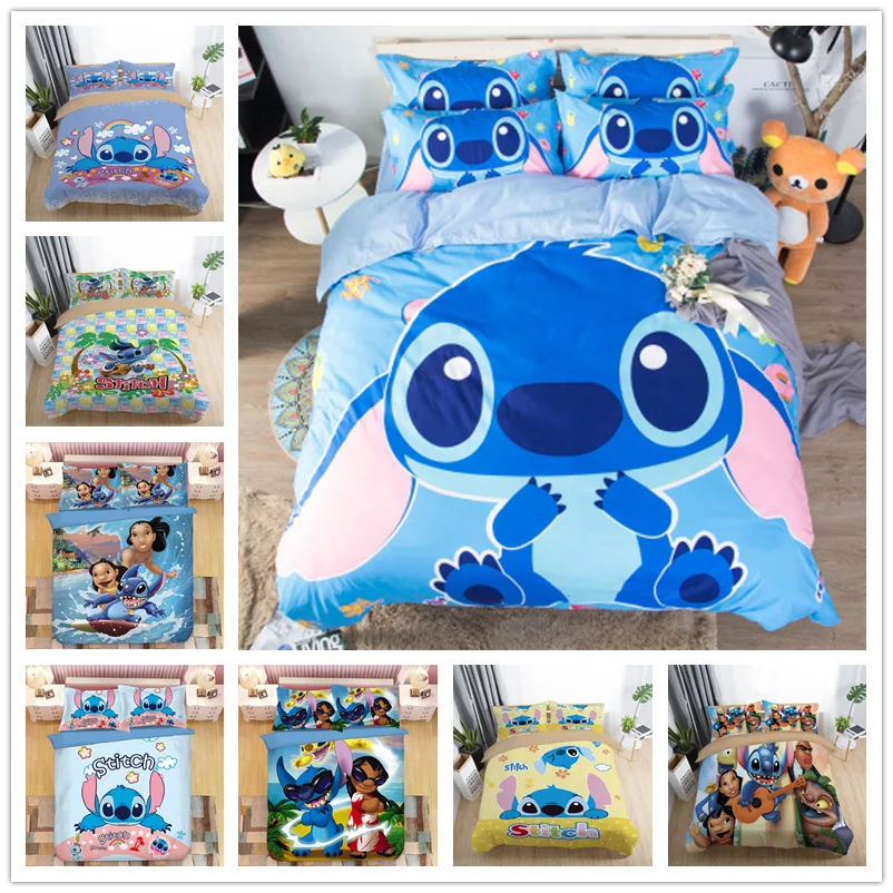 Home Textile Cartoon Stitch Bedding Set Children High Quality Duvet Cover Pillowcases Twin Full Queen King Blue 3d Bedclothes