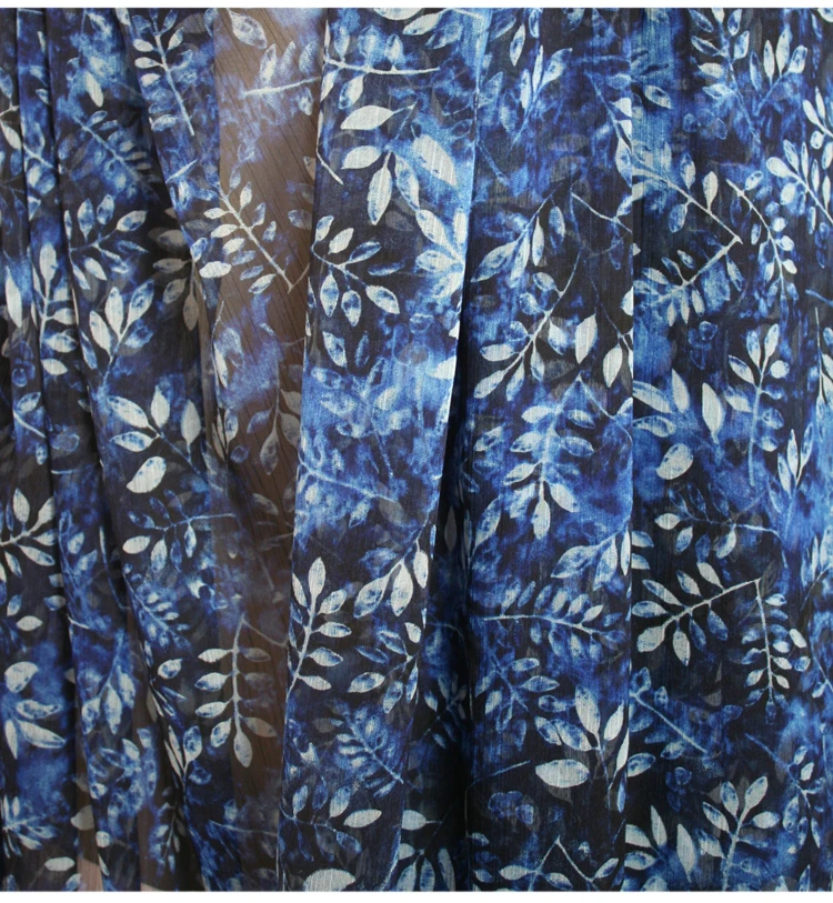 half meter royal blue soft high grade fresh leaves print chiffon fabric for sunscreen shirt dress cloth T972