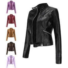 2021 New Leather Women's Short Jacket Spring and Autumn Stand-up Collar Women's Leather Jacket Women's Thin Leather Jacket