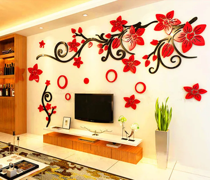 2 размера мульти-штук красный цветочный узор 3D акриловое Украшение Наклейка на стену DIY плакат на стену Свадебный домашний декор спальня обои
