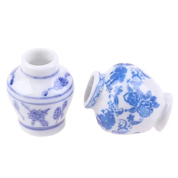 1 Set(2pcs) Mini Blue and white porcelain vase DIY Handmade Doll House Kitchen Ceramic Ornament Decora vase Dollhouse Miniatures 1