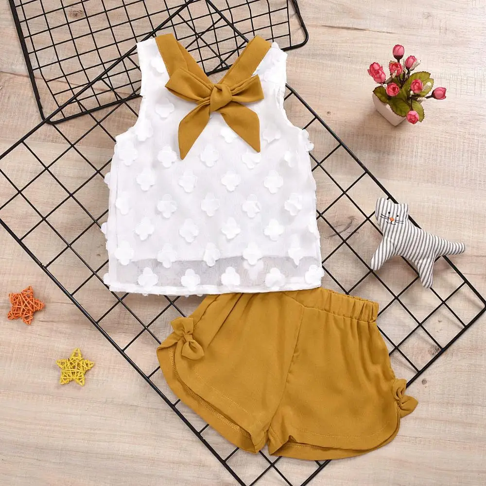 

Fashion Baby Girls Clothes 2 pcs Set Bow Crop Top + Pants Sleeveless Outfits For Children Summer Clothes