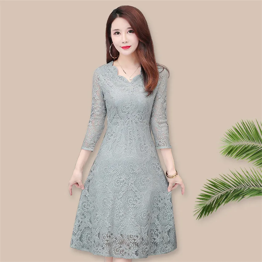 

2019 Autumn Women Long Sleeve Lace Dress Big Size M-4XL Dress Elegant Lady Long V-neck Party Dressess Vestidos Bottomings WZ899