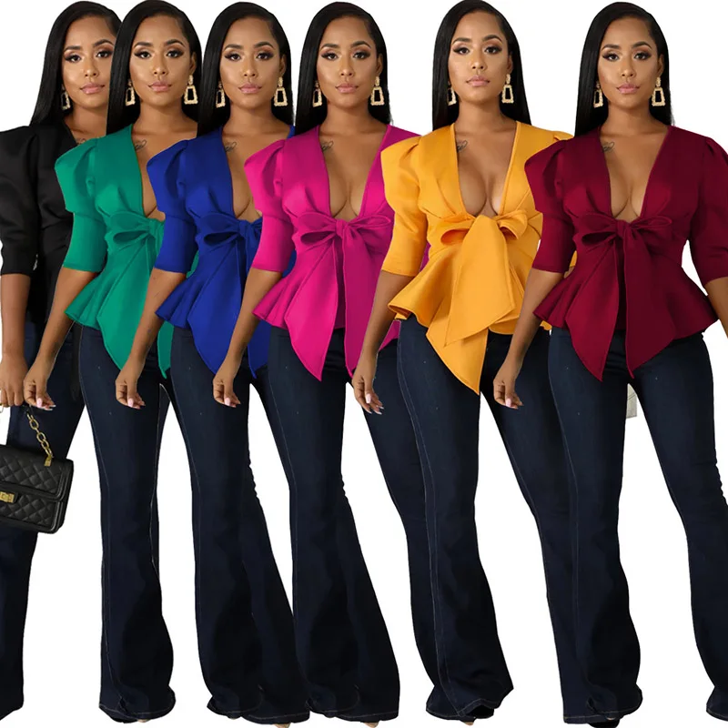 

Fashion Blazer Women Cardigan Open Up Ruffle V-neck Coat Jacket Women Solid Color Autumn Women Clothes 2019 Plus Size 2XL
