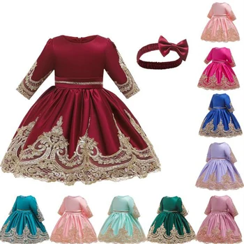 

2020 New High Quality Satin Infant Baby Girls Party Dress Newborn Girls Birthday Princess Dress Gold Thread Embroidery Dress