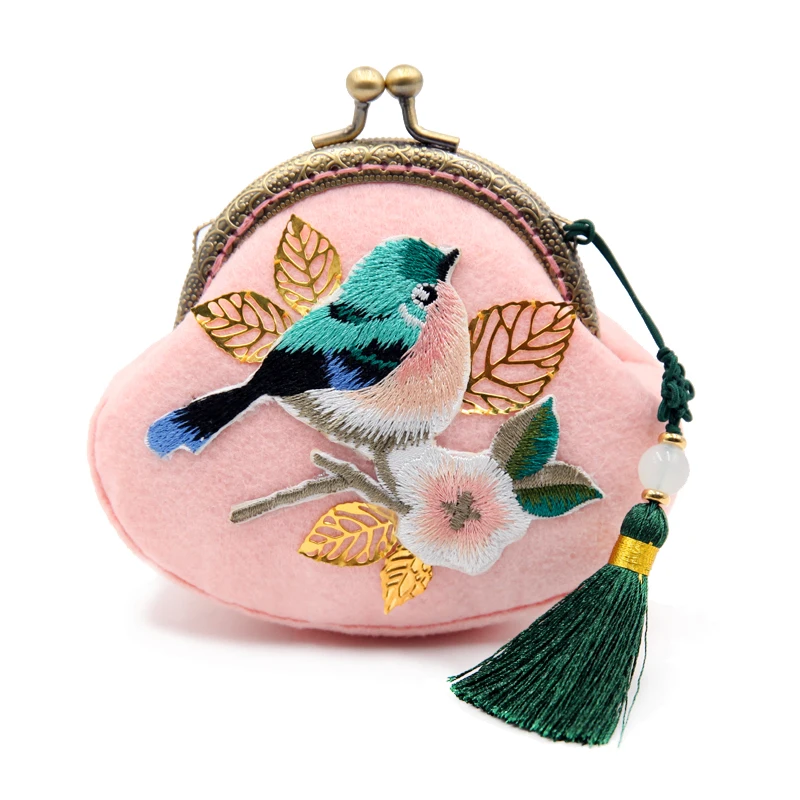 

Handmade Pink Coin Wallet Sewing Material Package DIY Felt Embroidery Bird Chinese Retro Style Purse Small Handbag DIY Craft Kit