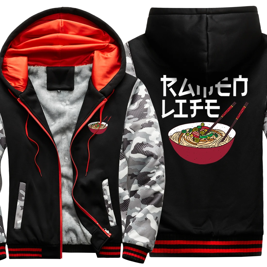 

Noodles Cartoon Camouflage Raglan Thicken Jackets Mens Keep Warm Hip Hop Hooded Casual Long Sleeve Tops Winter sudadera hombre