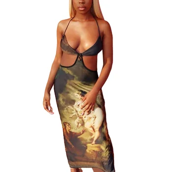 

Women's Sexy Halter Bodycon Dress, Trendy Printed Sleeveless Backless Cut Out Maxi Dress