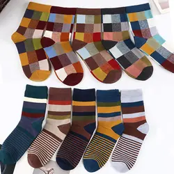 Мужские носки, размер 39-45, 5 пар/партия, мягкие, в полоску, компрессионные, удобные, квадратный, свободный размер, модные, цветные, чёсаный