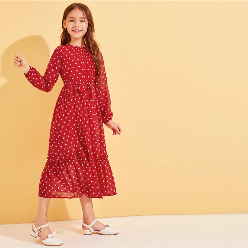 SHEIN Kiddie/милое красное платье в горошек с оборкой и поясом для девочек г., осенние длинные платья с длинными рукавами и рюшами