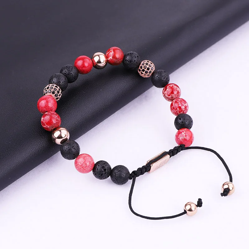 New Fashion Natural Stone Red Imperial Stone CZ Ball Bead Braided Bracelet Women Men - Image 5