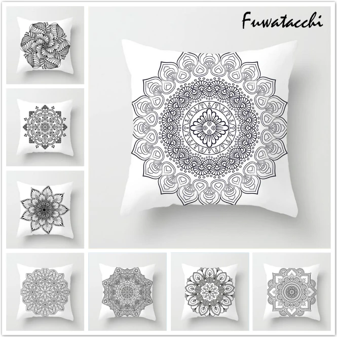 

TTLIFE Black White Mandala Printed Pillow Cover Stick Figure Style Cushion Cover Decorative Pillows For Sofa Car Bedroom
