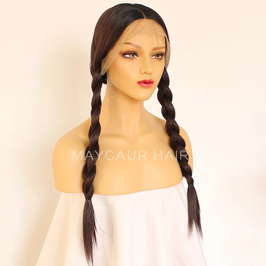 Maycaur Long Straight Wigs with Natural Baby Hair Synthetic Lace Front Wigs for Black Women Glueless Black Brown Ombre Color Wig (5)