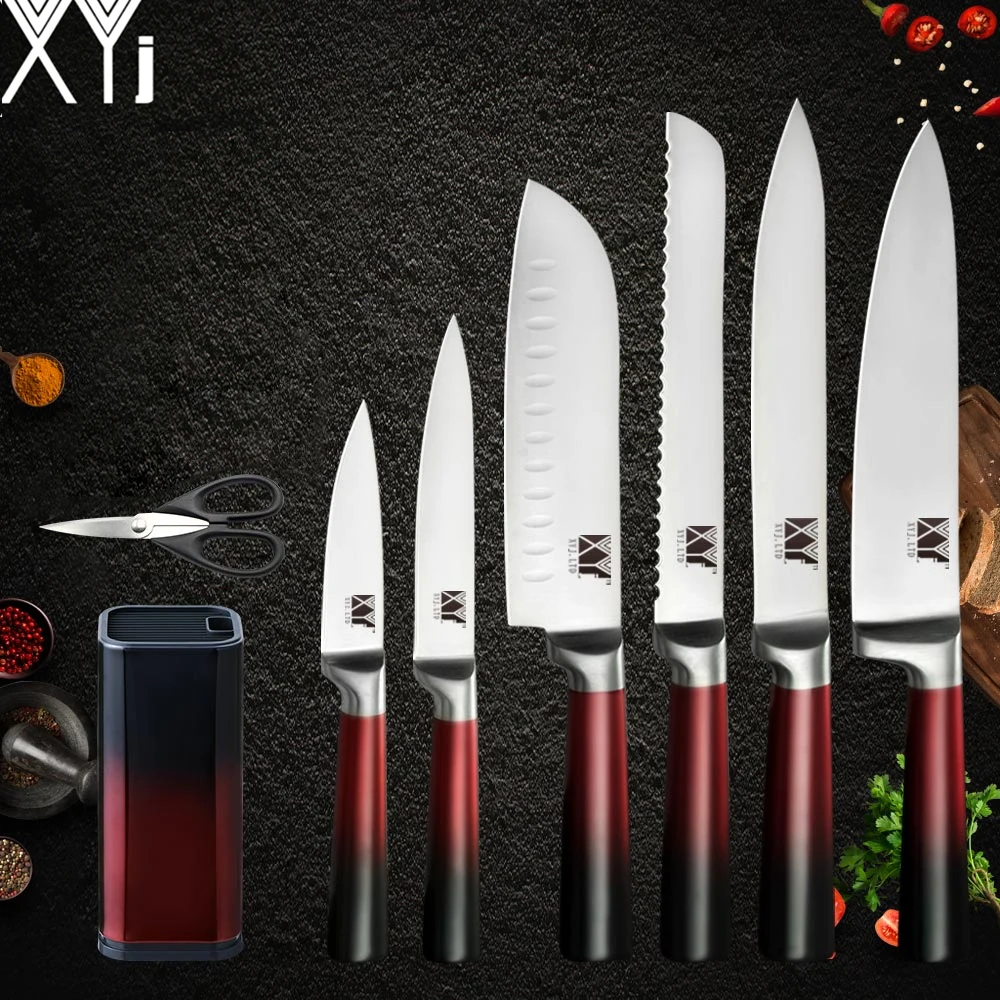 

XYj Kitchen Stainless Steel Knives Set Knife Scissor 8'' Chef Bread Slicing 7'' Santoku 5'' Utility 3.5'' Paring Knife