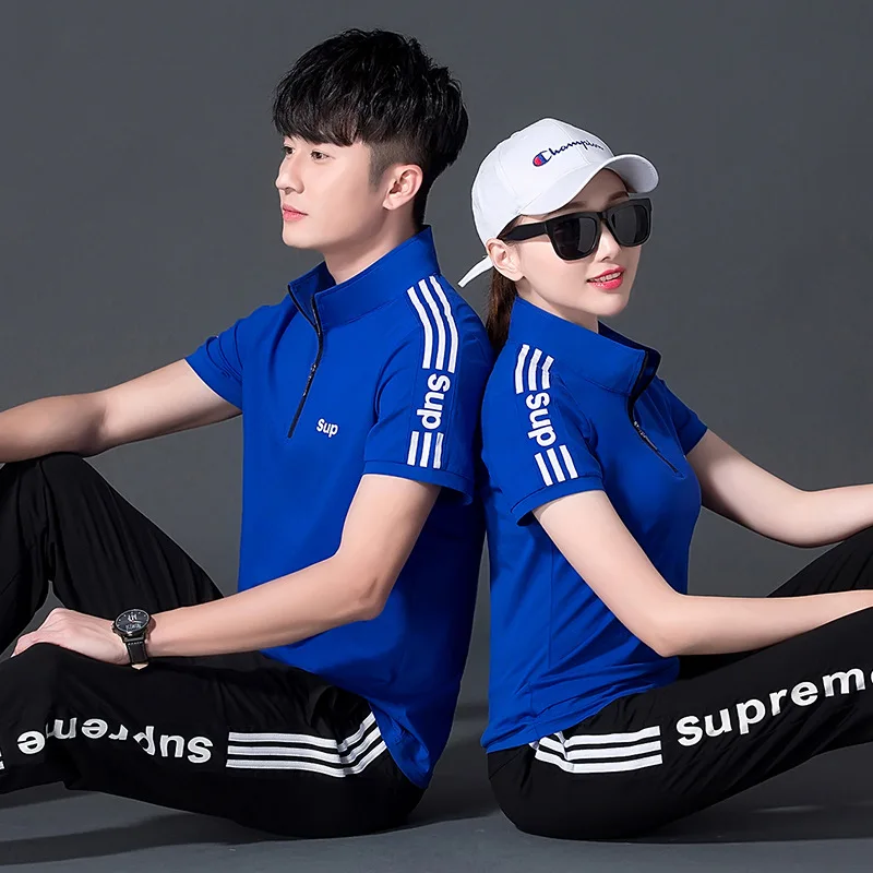 

Summer Men Slim Fit Short Sleeve Stand Collar Trousers Stripes Groups Couples Hoodie Skinny Pants Running Sports Clothing Set