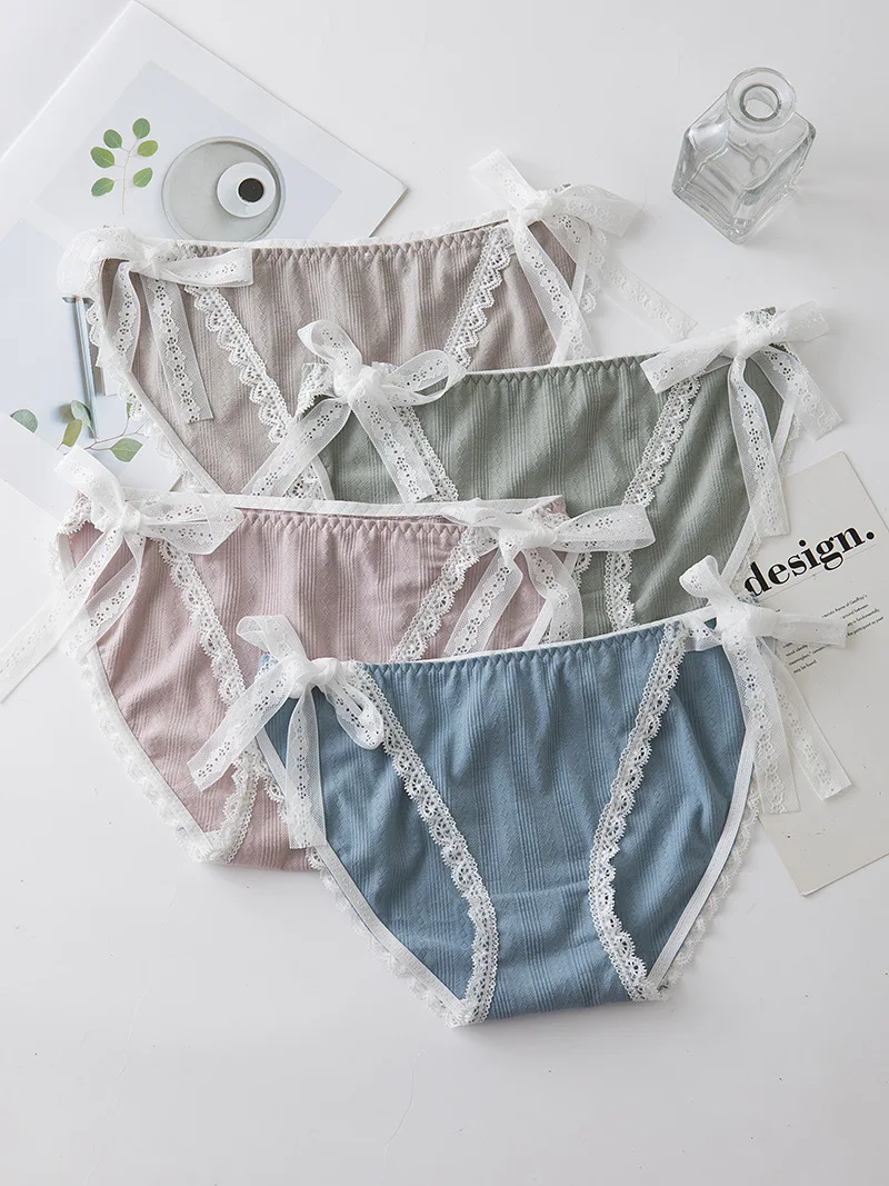 

4 шт./комплект, однотонные кружевные трусики с бантиком