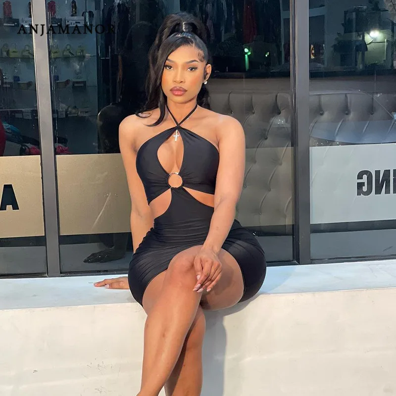 ANJAMANOR O Ring Cutout Backless Halter 