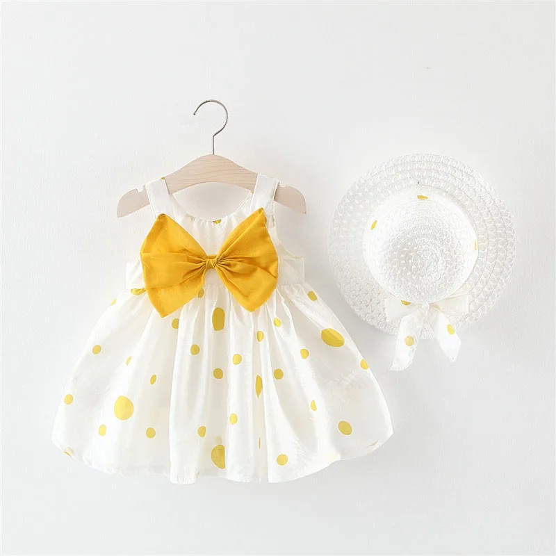 Платье для маленьких девочек с бантом и шляпой; комплект одежды из 2 предметов; Хлопковое платье с принтом для дня рождения и крещения; платье принцессы; Infantil Vestido - Цвет: 4