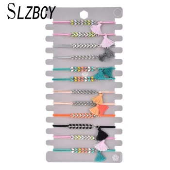

12 Pcs/lot Bohemia Colorful Tassel Charm Bracelets Women Girls Handmade Metal Alloy Leaf Elastic Rope Bangle Fashion Jewelry