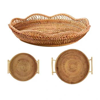 

3 Pcs Handmade Fruit Basket Tea Tray Rattan Weaving Bread Storage Organizer, 1 Pcs 22 X 22 X 5cm & 2 Pcs 24 X 24cm