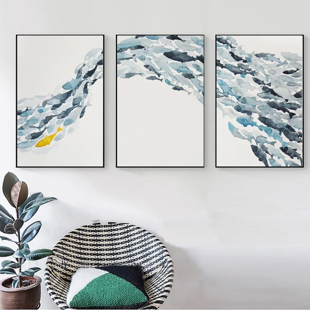 Nordic Simple Abstract Fish Group Posters And Prints Wall Art Print Canvas Painting Decorative Picture For Living Room | Дом и сад