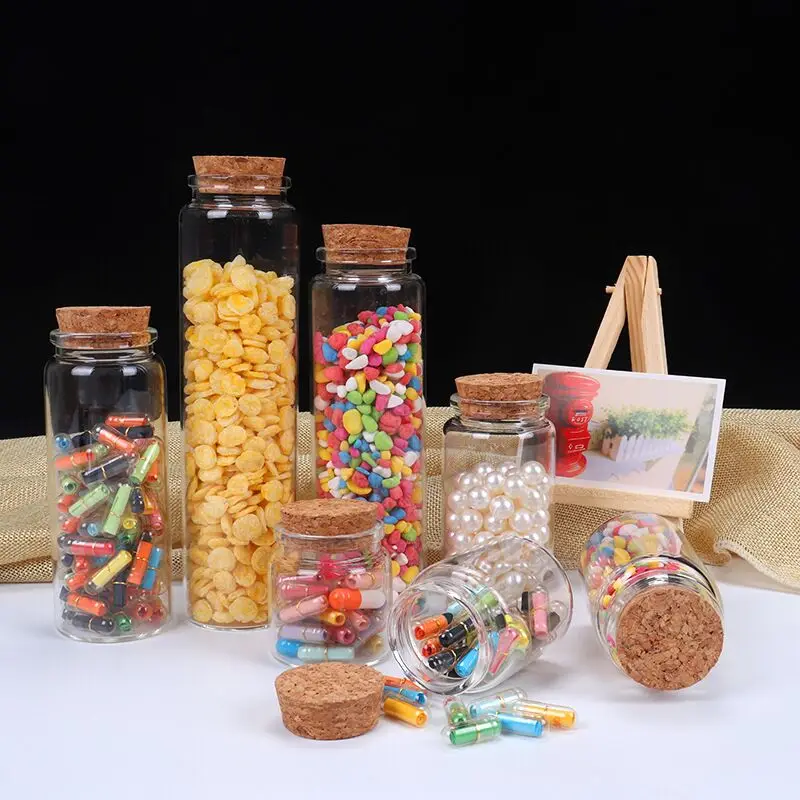 8pcs 50/60/90/100/120/150/200/240/260ml Big Transparent Cork Stopper Glass Bottles Jar Vials Caddy Storage Jars Container