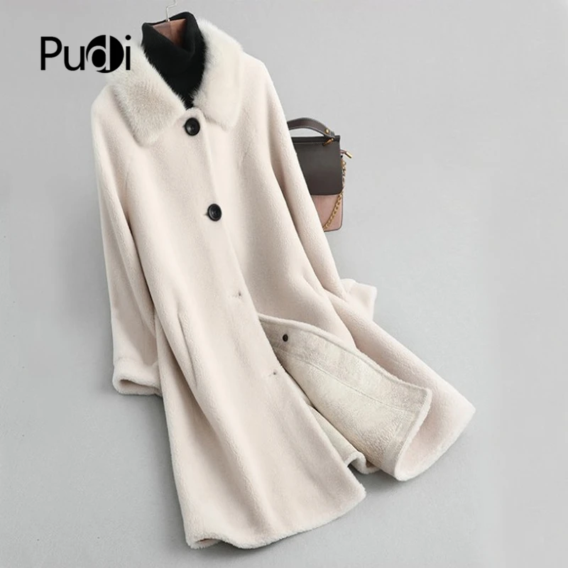 

Pudi A19025 winter women 100% real wool fur coat sheep shearling fur jacket overcoat with real mink fur collar