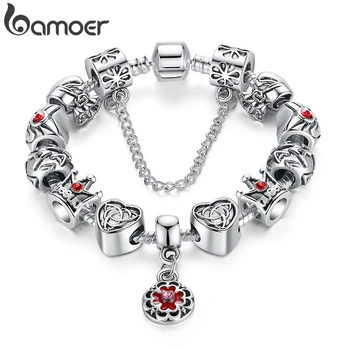 

BAMOER Vintage Heart Crown Bead Charm Bracelet Silver Color for Women Original Safety Chain Jewelry PA1430