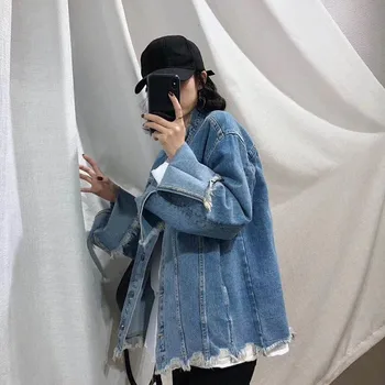 

Harajuka Spring Korean Flare Sleeve Womens Denim Jackets Asymmetrical Hole Ripped Loose Vintage Plus Size Female Outerwear Coats