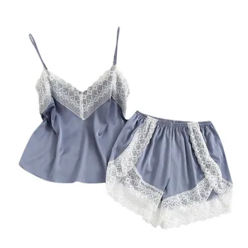 

Women Summer Sleepwear Simulation Silk Nightwear Clothes Plus Size Home Sling Lace Pyjamas