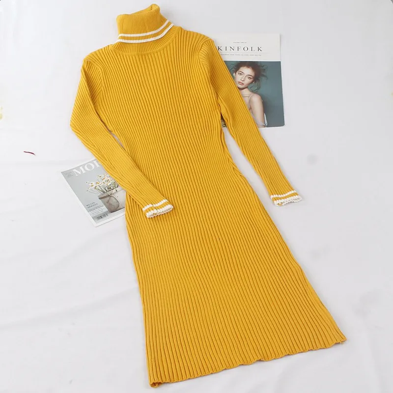 BYGOUBY Thick Turtleneck Pullover Women Sweater Dress Autumn Warm Knitted Dress Long Ribbed 