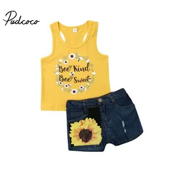 

Summer Toddler Sunflower Print Suit For Baby Girl Clothes Set Kid Girls Sleeveless Tank Tops T-shirt Floral Demim Shorts Outfits