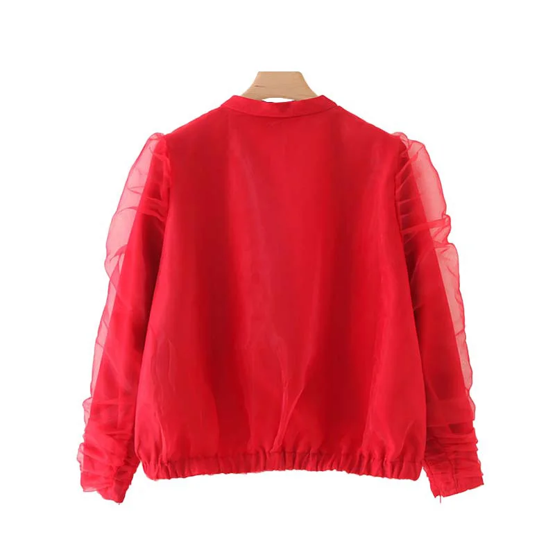 Best  Vintage Stylish Organza Patchwork Bomber Jacket Coat Women 2020 Fashion Stand Collar Long Sleeve El