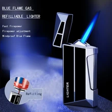 Chama azul metal jet butano charuto à prova de vento gás butano isqueiro com chama ajustável para presente masculino