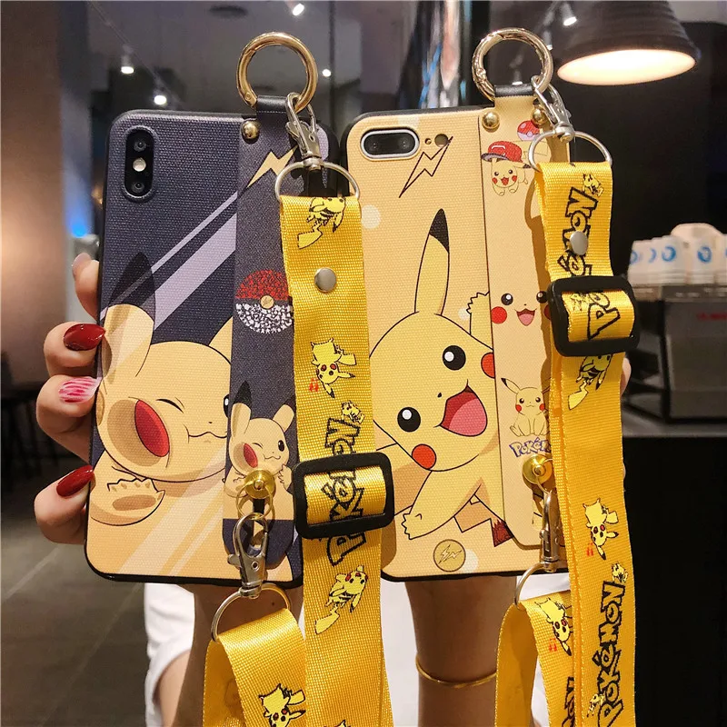 

New Phone Case Pikachu Phone Case with Lanyard For IPhone XS Max XR X 8 6 6S 7 Plus Fashion Candy Yellow Soft Silicone Coque
