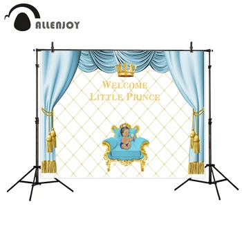 

Allenjoy Baby Shower Wall Decor Welcome Little Prince Blue Curtains Sofa Boy Crown Backdrop Celebrate Newborn Event Party Banner