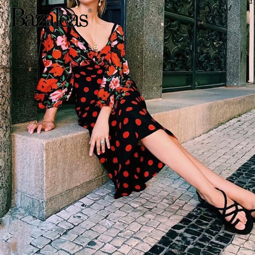 Bazaleas Франция Роза печати Длинная втулка для женщин платья Винтаж vestidos Модное