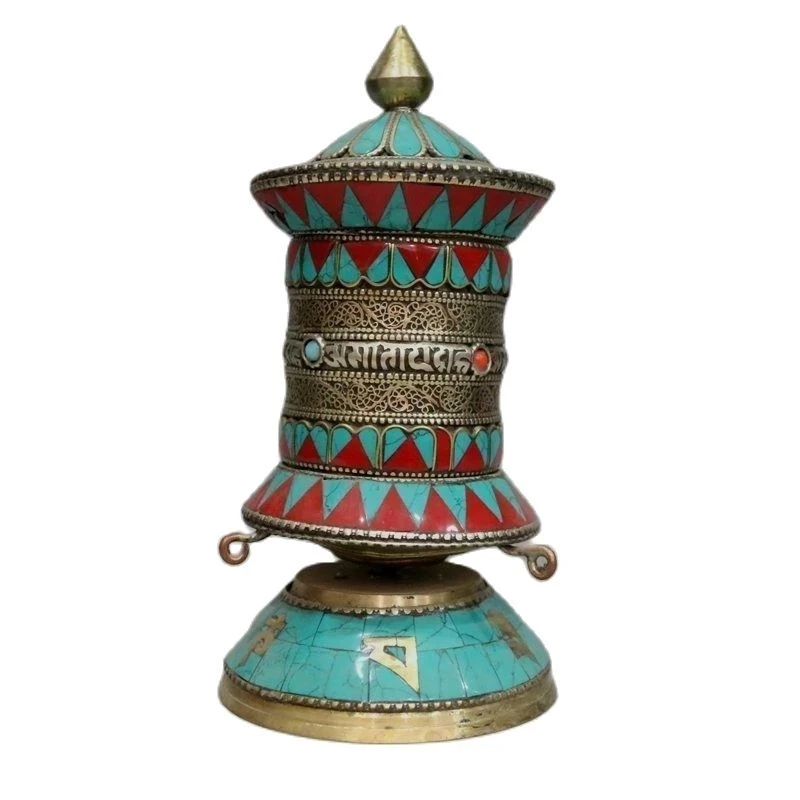 

20cm */Old Tibet and Nepal, gilt bronze inlaid turquoise rotating the scriptures metal handicraft