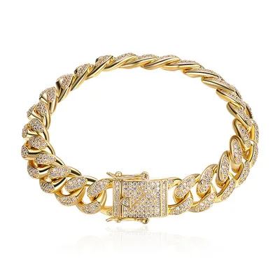 12 мм Мужской циркониевый браслет с кубинским звеном в стиле хип-хоп ювелирный Золотой Серебряный толстый Тяжелый медный материал браслет-цепочка с фианитами