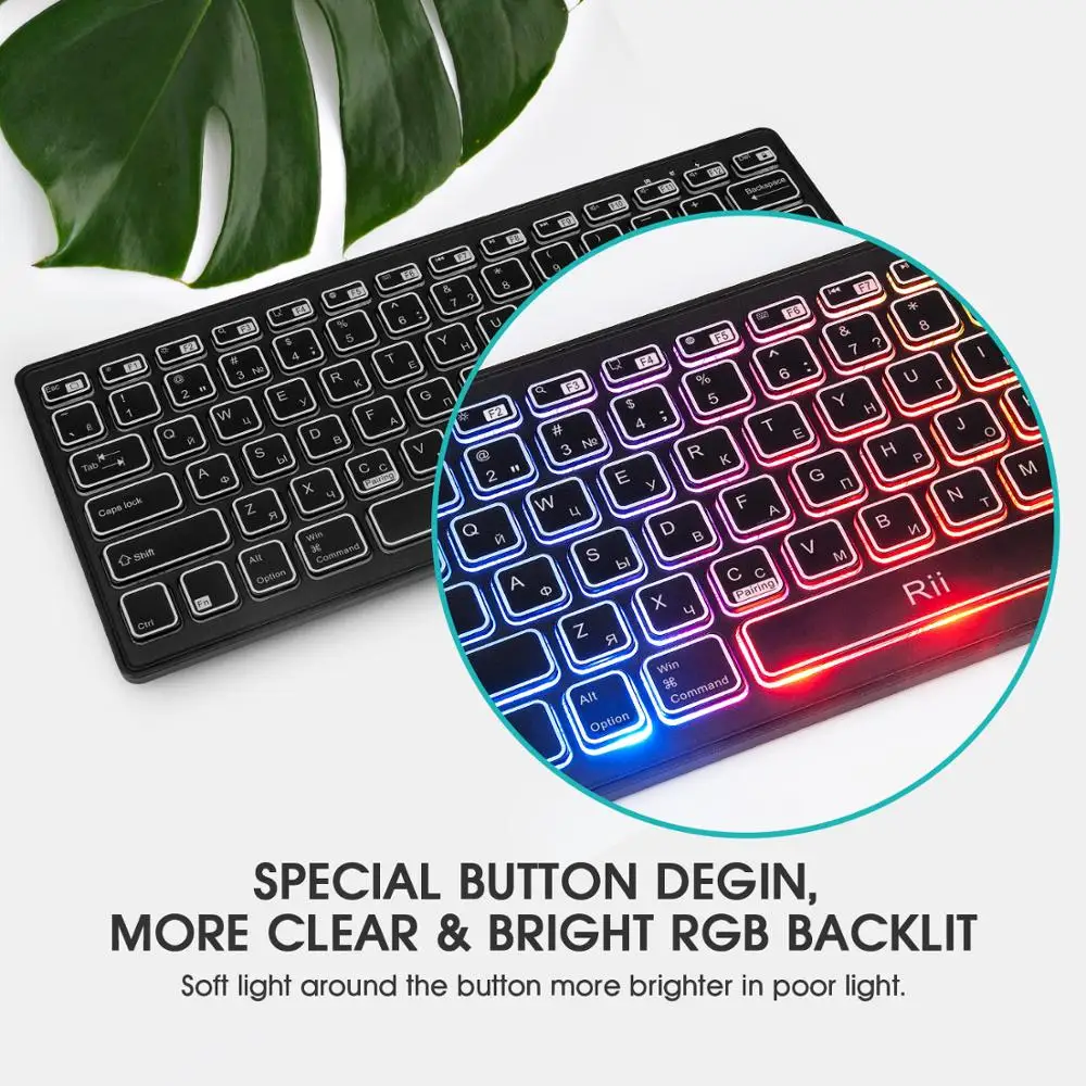 Rii-teclado ruso retroiluminado con Bluetooth 4,0, inalámbrico, multicolor, LED, arcoíris, batería recargable, para iOS, Android, MacBook - Imagen 5