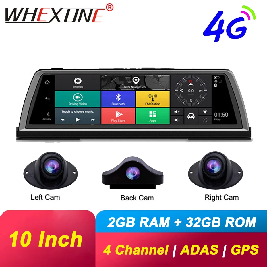 Автомобильный видеорегистратор WHEXUNE 4G Android 4 объектива 10 дюймов ADAS GPS Wi Fi Full HD 1080P 2