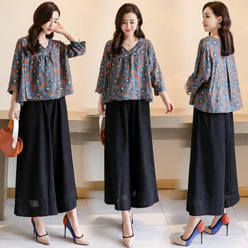 

Oriental clothing Fashion suit 2020 summer new product fashion casual comfortable cotton and linen wide-leg pants two-piece suit