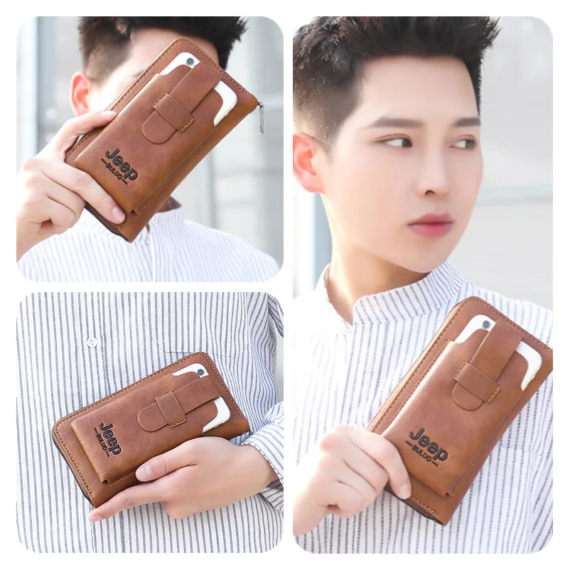 JEEP BULUO Leather Men Clutch Wallet Brand Purse For Phone Double Zipper Luxury Wallet Leather Clutch Bag Large Capacity 