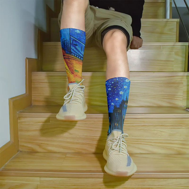 New Style Oil Painting Eiffel Tower Art Socks Men Women Pure Cotton Harajuku Retro Pastoral Scenery Happy Long Tube Funny Socks