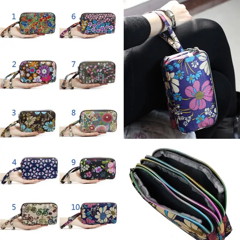 

Women's Vintage Print Floral Canvas Zipper Wallet 3-Layer Long Clutch Purse with Wrist Strap Fits 6'' Cell Phone