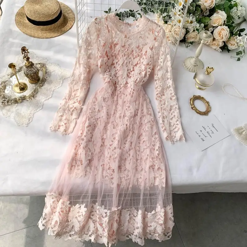 

2019 New Women long Dress elegant crewneck Casual Party Dress long sleeve mesh patchwork Dresses hollow out dresses for women