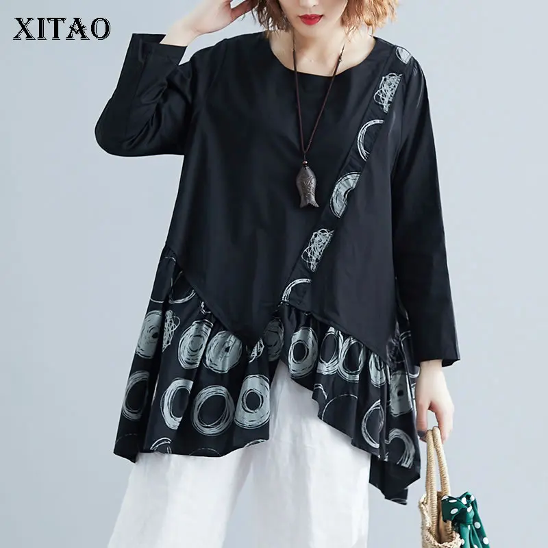 

XITAO Circle Print Splice Ruffle T Shirt Women Pleated Irregular Hem Plus Size Ladies Tee Literary Vintage Top Women XJ2129